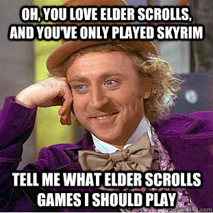 oh, you love elder scrolls, and you've only played skyrim tell me what elder scrolls games i should play  Condescending Wonka