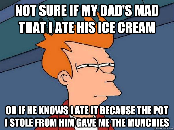 Not sure if my dad's mad that I ate his ice cream or if he knows I ate it because the pot I stole from him gave me the munchies - Not sure if my dad's mad that I ate his ice cream or if he knows I ate it because the pot I stole from him gave me the munchies  Futurama Fry