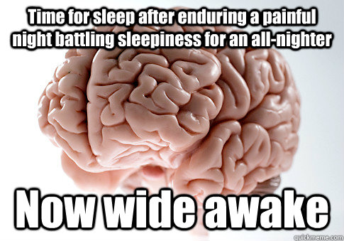 Time for sleep after enduring a painful night battling sleepiness for an all-nighter Now wide awake  - Time for sleep after enduring a painful night battling sleepiness for an all-nighter Now wide awake   Scumbag Brain