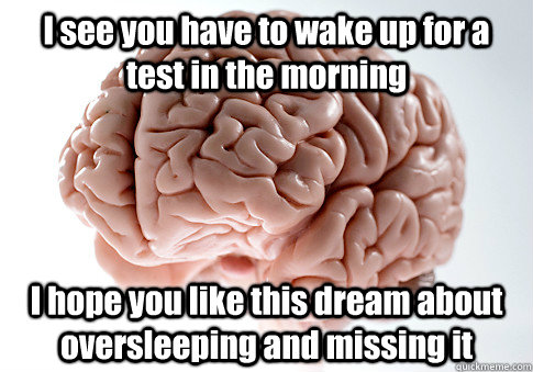 I see you have to wake up for a test in the morning I hope you like this dream about oversleeping and missing it   Scumbag Brain