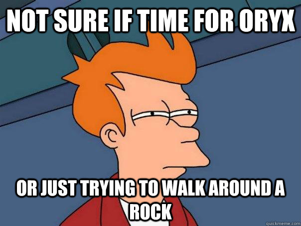 Not sure if time for oryx or just trying to walk around a rock - Not sure if time for oryx or just trying to walk around a rock  Futurama Fry