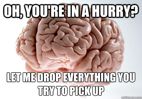 oh, you're in a hurry? Let me drop everything you try to pick up - oh, you're in a hurry? Let me drop everything you try to pick up  Scumbag Brain