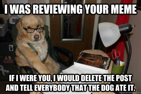 I was reviewing your meme If I were you, I would delete the post and tell everybody that the dog ate it. - I was reviewing your meme If I were you, I would delete the post and tell everybody that the dog ate it.  Misc