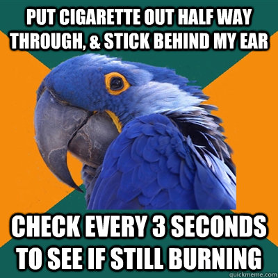 put cigarette out half way through, & stick behind my ear check every 3 seconds to see if still burning   Paranoid Parrot