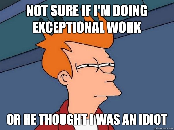 Not sure if I'm doing exceptional work Or he thought I was an idiot - Not sure if I'm doing exceptional work Or he thought I was an idiot  Futurama Fry