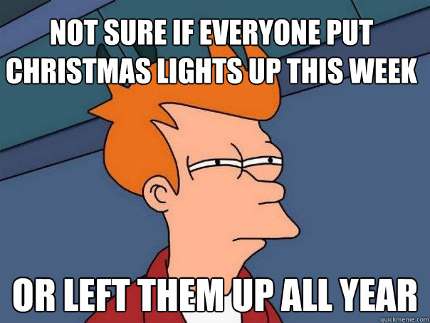 not sure if everyone put christmas lights up this week Or left them up all year - not sure if everyone put christmas lights up this week Or left them up all year  Futurama Fry