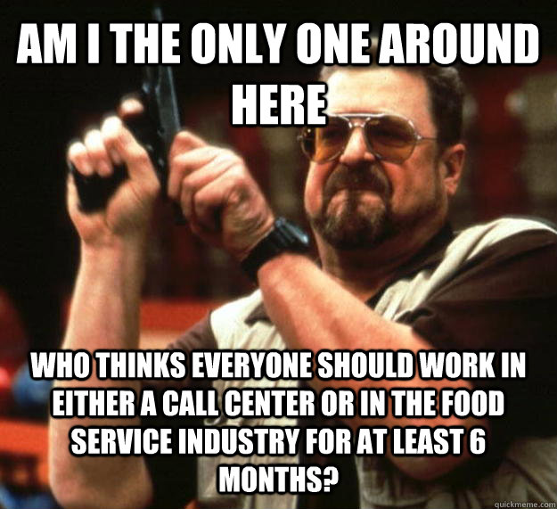 AM I THE ONLY ONE AROUND HERE WHO THINKS EVERYONE SHOULD WORK IN EITHER A CALL CENTER OR IN THE FOOD SERVICE INDUSTRY FOR AT LEAST 6 MONTHS?  Angry Walter