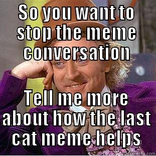 SO YOU WANT TO STOP THE MEME CONVERSATION TELL ME MORE ABOUT HOW THE LAST CAT MEME HELPS Condescending Wonka