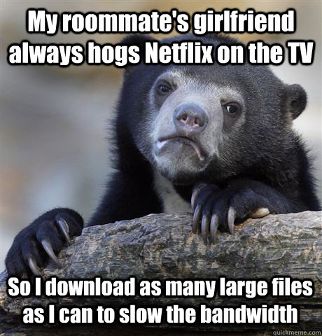 My roommate's girlfriend always hogs Netflix on the TV So I download as many large files as I can to slow the bandwidth - My roommate's girlfriend always hogs Netflix on the TV So I download as many large files as I can to slow the bandwidth  Confession Bear