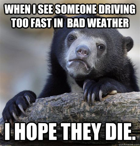 when i see someone driving too fast in  bad weather i hope they die.  Confession Bear