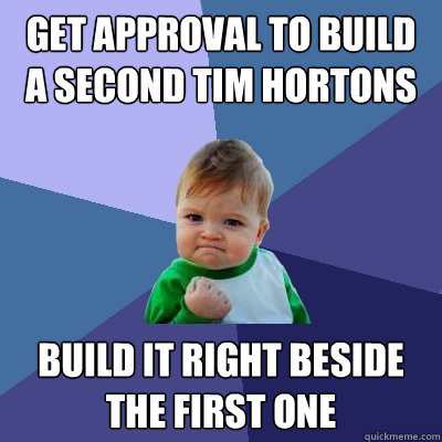 Get approval to build a second tim hortons build it right beside the first one  Success Kid