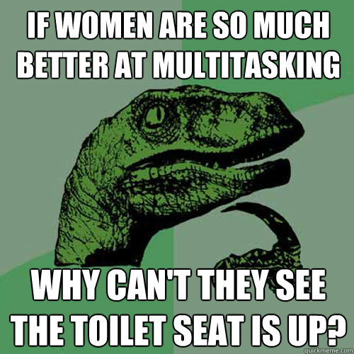 if women are so much better at multitasking why can't they see the toilet seat is up?  Philosoraptor