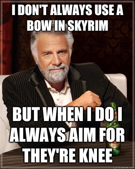 I don't always use a bow in Skyrim But when I do I always aim for they're knee - I don't always use a bow in Skyrim But when I do I always aim for they're knee  The Most Interesting Man In The World