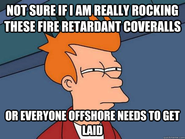 Not sure if I am really rocking these fire retardant coveralls or everyone offshore needs to get laid  Futurama Fry