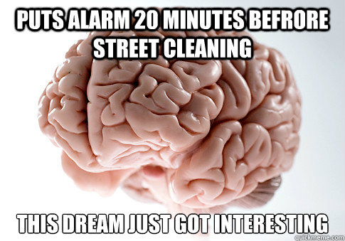 Puts alarm 20 minutes befrore street cleaning This dream just got interesting  - Puts alarm 20 minutes befrore street cleaning This dream just got interesting   Scumbag Brain