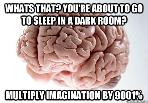 Whats that? You're about to go to sleep in a dark room? Multiply imagination by 9001%  Scumbag Brain