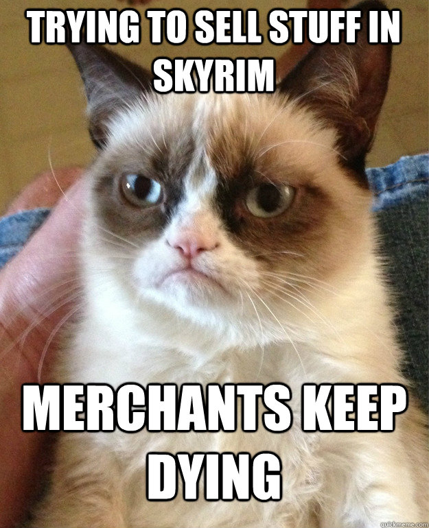 trying to sell stuff in skyrim merchants keep dying  Grumpy Cat