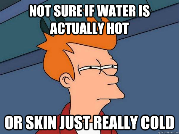 Not sure if water is actually hot Or skin just really cold  Futurama Fry