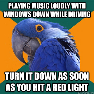 playing music loudly with windows down while driving Turn it down as soon as you hit a red light  Paranoid Parrot