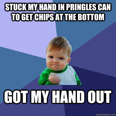 Stuck my hand in pringles can to get chips at the bottom Got my hand out  Success Kid