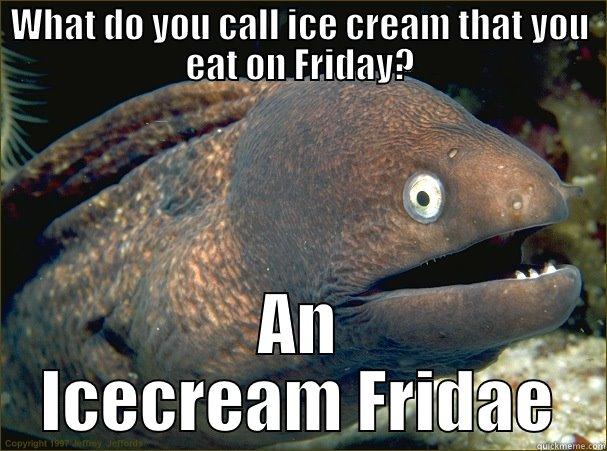 WHAT DO YOU CALL ICE CREAM THAT YOU EAT ON FRIDAY? AN ICECREAM FRIDAE Bad Joke Eel