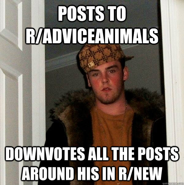 Posts to r/adviceanimals downvotes all the posts around his in r/new  Scumbag Steve