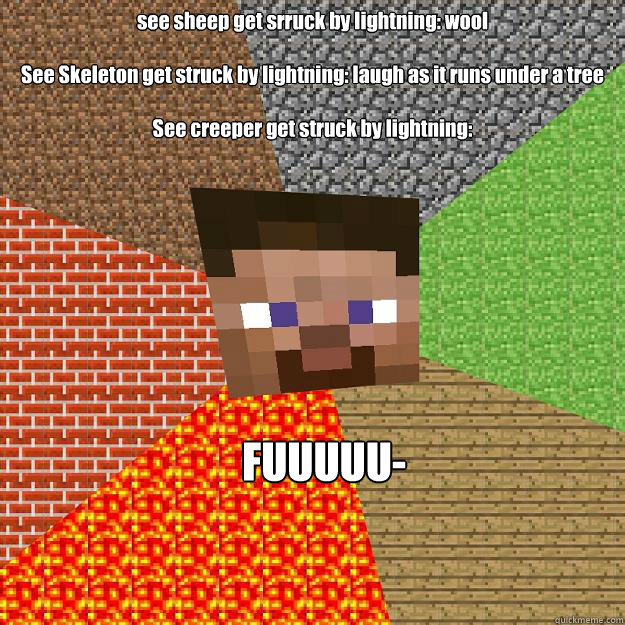 see sheep get srruck by lightning: wool

See Skeleton get struck by lightning: laugh as it runs under a tree

See creeper get struck by lightning: FUUUUU- - see sheep get srruck by lightning: wool

See Skeleton get struck by lightning: laugh as it runs under a tree

See creeper get struck by lightning: FUUUUU-  Minecraft