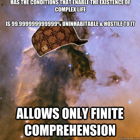 HAS THE CONDITIONS THAT ENABLE THE EXISTENCE OF COMPLEX LIFE

IS 99.999999999999% UNINHABITABLE & HOSTILE TO IT ALLOWS ONLY FINITE COMPREHENSION  Scumbag Universe