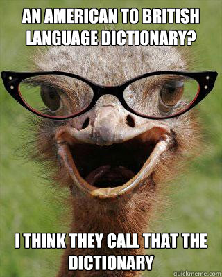 an American to british language dictionary? I think they call that the dictionary   Judgmental Bookseller Ostrich