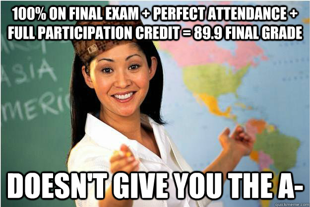 100% on final exam + perfect attendance + full participation credit = 89.9 final grade doesn't give you the A-  Scumbag Teacher