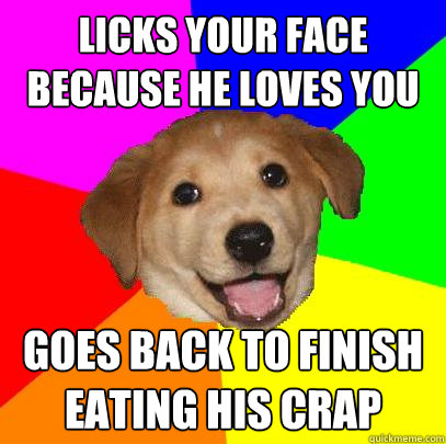 Licks your face because he loves you Goes back to finish eating his crap  Advice Dog