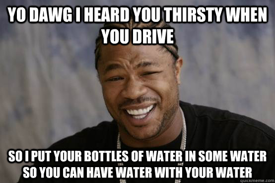 YO DAWG I HEARD YOU THIRSTY WHEN YOU DRIVE SO I PUT YOUR BOTTLES OF WATER IN SOME WATER SO YOU CAN HAVE WATER WITH YOUR WATER  YO DAWG