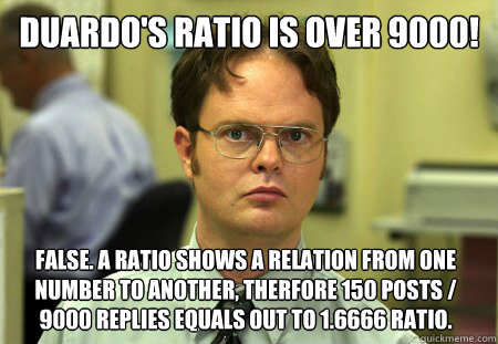 Duardo's ratio is over 9000! False. A ratio shows a relation from one number to another, therfore 150 posts / 9000 replies equals out to 1.6666 ratio.   Dwight