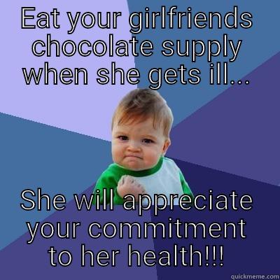 Choclate meme - EAT YOUR GIRLFRIENDS CHOCOLATE SUPPLY WHEN SHE GETS ILL... SHE WILL APPRECIATE YOUR COMMITMENT TO HER HEALTH!!! Success Kid