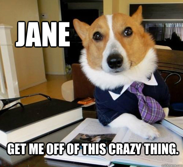 Jane get me off of this crazy thing.  Lawyer Dog