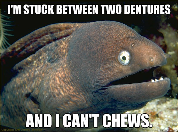 I'm Stuck between two dentures and i can't chews.  Bad Joke Eel