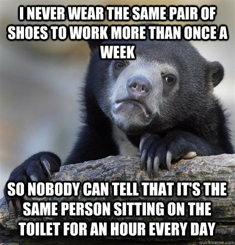 I never wear the same pair of shoes to work more than once a week so nobody can tell that it's the same person sitting on the toilet for an hour every day  Confession Bear