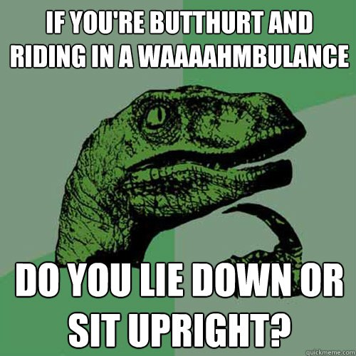 if you're butthurt and riding in a waaaahmbulance do you lie down or sit upright? - if you're butthurt and riding in a waaaahmbulance do you lie down or sit upright?  Philosoraptor