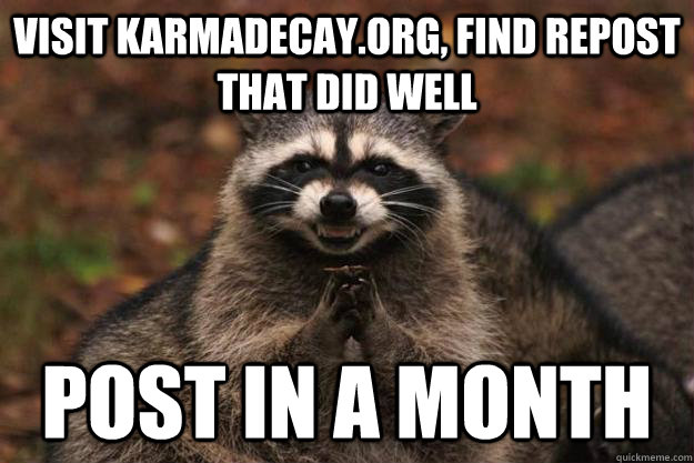 Visit KarmaDecay.org, find repost that did well Post in a month  Evil Plotting Raccoon