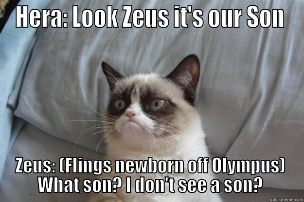 HERA: LOOK ZEUS IT'S OUR SON ZEUS: (FLINGS NEWBORN OFF OLYMPUS) WHAT SON? I DON'T SEE A SON? Grumpy Cat