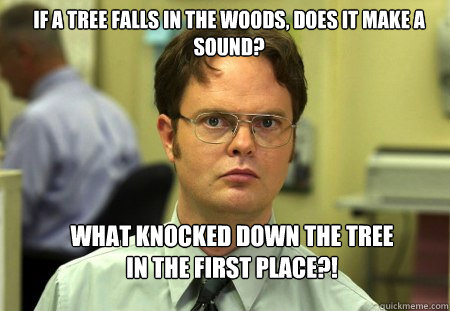 If a tree falls in the woods, does it make a sound? What knocked down the tree in the first place?! - If a tree falls in the woods, does it make a sound? What knocked down the tree in the first place?!  Schrute