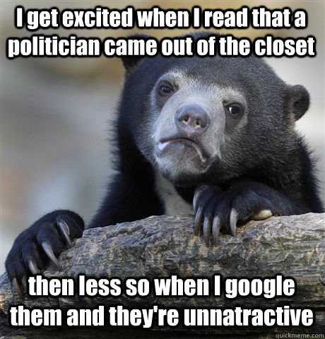 I get excited when I read that a politician came out of the closet then less so when I google them and they're unnatractive  Confession Bear