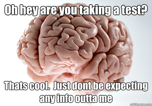 Oh hey are you taking a test? Thats cool.  Just dont be expecting any info outta me  - Oh hey are you taking a test? Thats cool.  Just dont be expecting any info outta me   Scumbag Brain