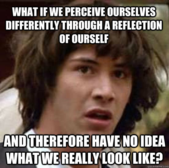 What if we perceive ourselves differently through a reflection of ourself and therefore have no idea what we really look like? - What if we perceive ourselves differently through a reflection of ourself and therefore have no idea what we really look like?  conspiracy keanu