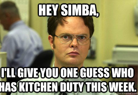 Hey Simba, I'll give you one guess who has kitchen duty this week. - Hey Simba, I'll give you one guess who has kitchen duty this week.  Schrute