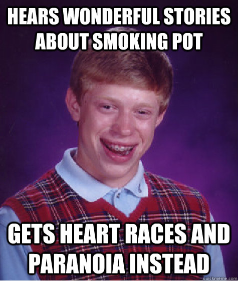 hears wonderful stories about smoking pot gets heart races and paranoia instead - hears wonderful stories about smoking pot gets heart races and paranoia instead  Bad Luck Brian