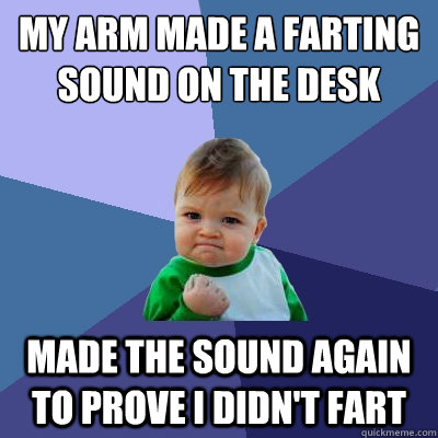 My arm made a farting sound on the desk Made the sound again to prove I didn't fart  Success Kid