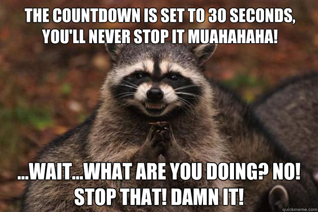 The countdown is set to 30 seconds, You'll never stop it MUAHAHAHA! ...wait...what are you doing? NO! Stop that! DAMN IT!  Evil Plotting Raccoon