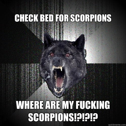 check bed for scorpions where are my fucking scorpions!?!?!?  Insanity Wolf