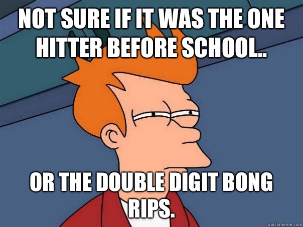 Not sure if it was the one hitter before school..  Or the double digit bong rips.  Futurama Fry